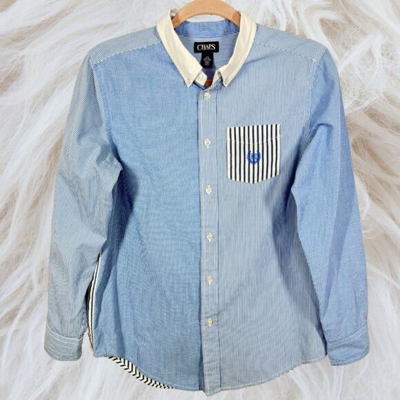 Chaps Shirt Boy Large Blue Plaid Strip C Quest Logo Button Down Preppy Office - Picture 1 of 10